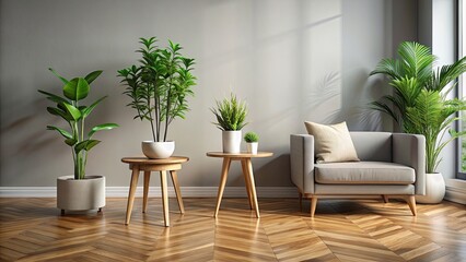 Stylish living room with wooden floor and end table, featuring two potted zz plants , stylish
