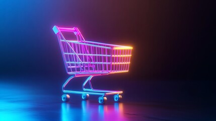 A vibrant neon shopping cart against a dark background, symbolizing modern retail and online shopping trends.