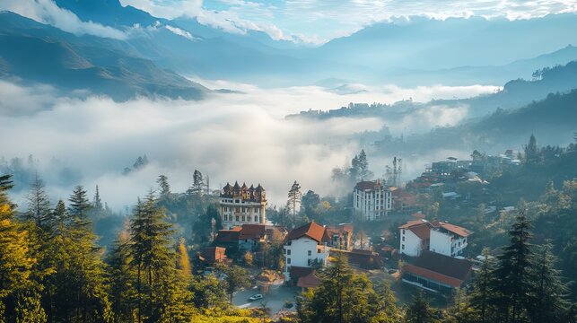 A beautiful city view of Sapa in the morning, with fog gently enveloping the city. 
