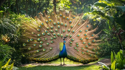 Obraz premium Majestic Golden Peacock Displaying Feathers in Lush Garden - Symbol of Beauty, Elegance, and Pride