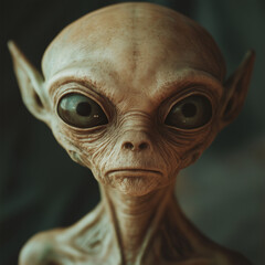 Alien being with large eyes and pointed ears looking straight into the camera.