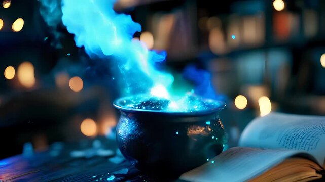 A mystical cauldron emits blue magical energy beside an open spellbook in a dimly lit library atmosphere
