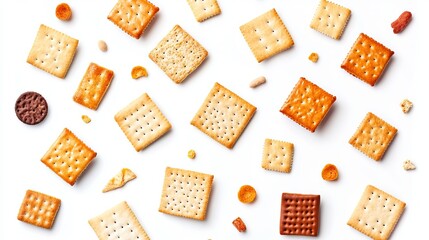 Crackers and a variety of snacks arranged on a white background.