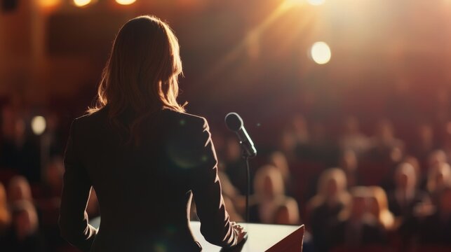Empowering Leadership: Businesswoman Inspiring Audience with Speech at Podium