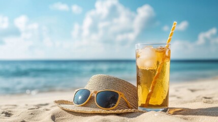 Serenity on Sandy Shores: Straw Hat, Sunglasses, and Cold Drink Basking in Sweet Summer Vibes