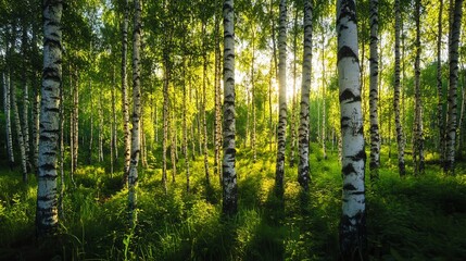 Obraz premium A green birch forest in the summer, showcasing tall, slender birch trees with vibrant green leaves.