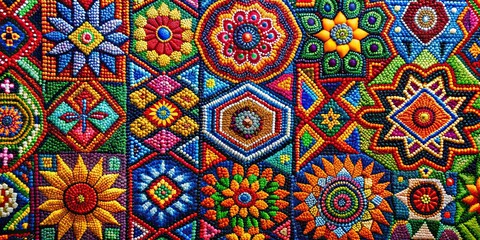 Colorful wallpaper with vibrant Mexican Huichol bead art patterns depicting spiritual symbols and traditional narrative