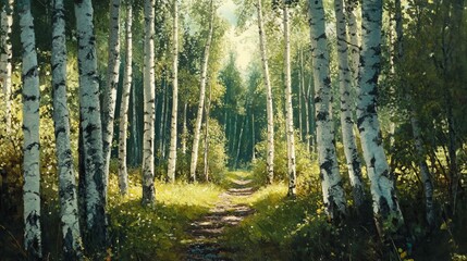 Fototapeta premium A green birch forest in the summer, showcasing tall, slender birch trees with vibrant green leaves.