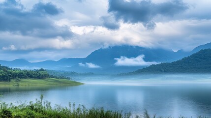 Fototapeta premium A landscape of the Tha Thung Na Reservoir in Kanchanaburi Province, Thailand, set against a backdrop of mountains under a cloudy morning sky. 