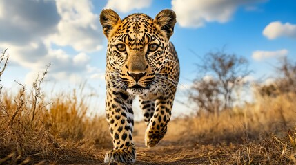 Naklejka premium A leopard walking towards the camera in Kruger National Park, South Africa.