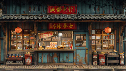 Naklejka premium Traditional Chinese Country Storefront With Rustic Decor And Food Display