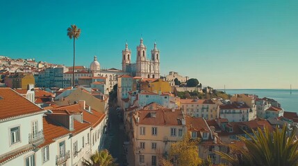 Fototapeta premium An overview of the Alfama district and the Sé Cathedral in Lisbon, Portugal. 