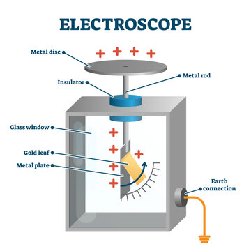 Electroscope illustration, transparent background. Labeled electric charge measure instrument example scheme. Education diagram and physics experiment device parts. Scientific charge detection.