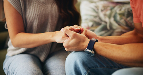 Home, care and couple holding hands with support for partnership, affirmation and gratitude in love. Respect, trust and people with connection in commitment for reassurance, kindness and forgiveness