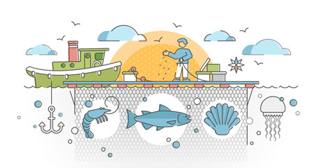 Aquaculture as seafood farming for production cultivation outline concept, transparent background. Marine farm business with fishing boat and fresh salmon. © VectorMine