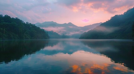 Fototapeta premium Pristine mountain lake at sunrise, the calm waters reflecting the pink and orange hues of the sky, surrounded by lush green forests and distant peaks shrouded in mist.