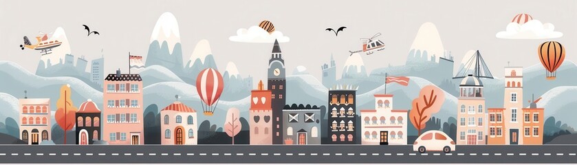 Fototapeta premium Colorful cityscape illustration with various buildings, hot air balloons, and mountains in the background. Hand-drawn urban landscape.