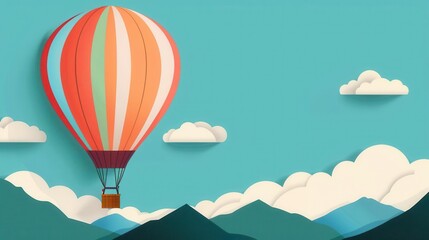 Obraz premium Colorful hot air balloon floating over mountains with fluffy clouds on a serene day, creating a picturesque and whimsical scene.