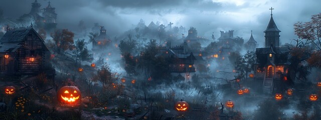 Haunted village with glowing jack-o'-lanterns, surrounded by fog, creating an eerie ambiance.