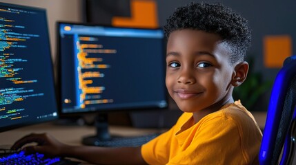 Young African American boy coding on computer, STEM education, technology, future.