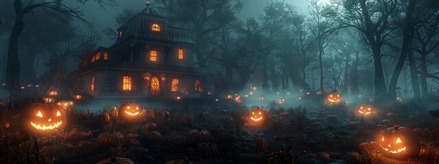 Haunted house with glowing pumpkins and fog, creating a spooky ambiance.