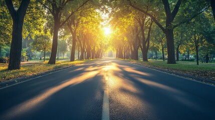 Obraz premium A road cutting through a forested park, with tree leaf shadows cast by the early morning sun.