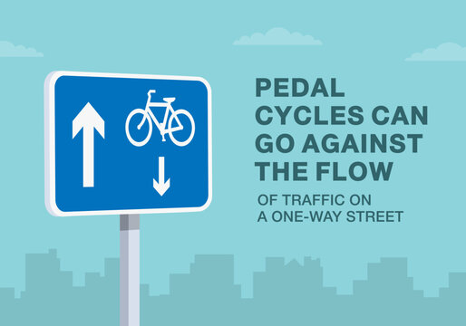 Safe driving tips and traffic regulation rules. Close-up of british "contraflow pedal cycles in a one-way street" road sign. Cyclists can go against the flow. Flat vector illustration template.