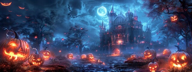 Obraz premium Haunted castle surrounded by giant pumpkins in a misty evening, creating a spooky atmosphere.