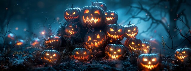 Pyramid of jack-o'-lanterns with glowing faces in a dark and eerie environment, creating a spooky atmosphere.