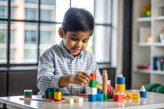 "Indian Boy Playing with Educational Toys" - An Indian boy interacting with educational toys, promoting playful learning.
