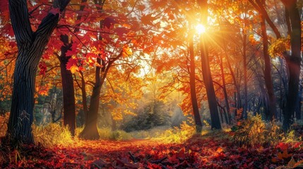Fototapeta premium Serene autumn forest, with trees dressed in brilliant shades of red, orange, and yellow, a carpet of fallen leaves underfoot, and soft sunlight filtering through the canopy.