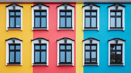 Fototapeta premium Windows on a colorful building, each framed by vibrant hues that contrast beautifully against one another.