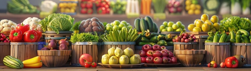Fresh vegetables and fruits displayed in baskets at a market, including peppers, tomatoes, eggplants, lettuce, and pears.
