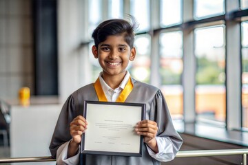 "Indian Student Smiling with Certificate of Achievement" - An Indian student proudly holding a certificate of achievement, celebrating academic success.
