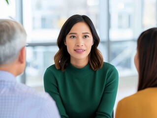 Obraz premium A woman engages in a thoughtful conversation with two individuals, showcasing collaborative dialogue in a modern office setting.