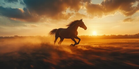 Horse Running Through Field At Sunset.