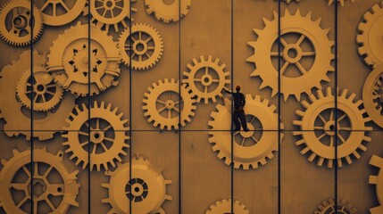 Obraz premium A worker interacts with large, intricate gears, symbolizing teamwork and innovation in a mechanical landscape.