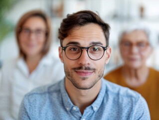 Obraz premium A young man with glasses smiles confidently, with two women in the background, creating a warm and friendly atmosphere.
