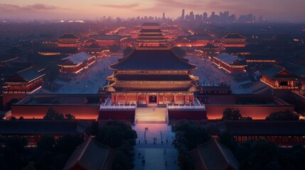 Fototapeta premium Aerial View of the Forbidden City at Dusk