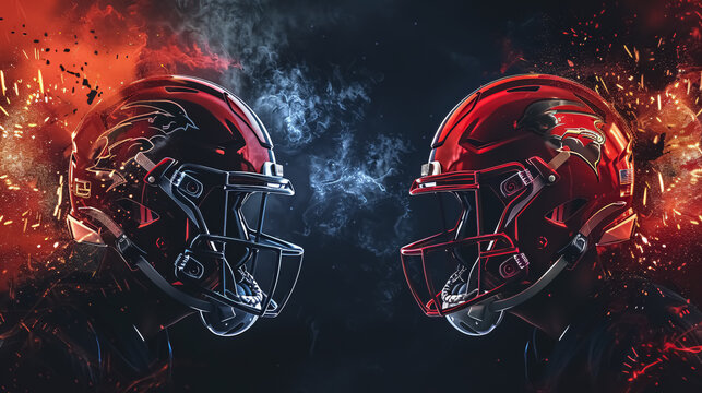 Wide Poster of American Football Helmets: Wide poster featuring head-to-head American 