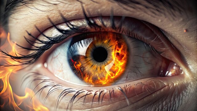 Close up of a human eye reflecting fire , eye, close-up, human, reflection, flame, burning, intense, fiery, dramatic, surreal