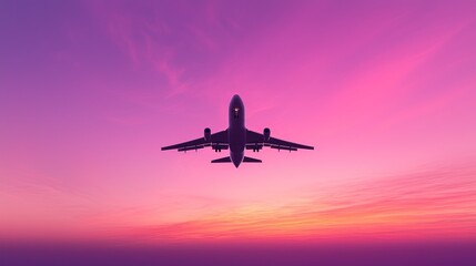 Obraz premium The silhouette of a cargo plane taking off against a vibrant sunset..