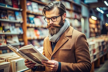 Fototapeta premium A bespectacled man with a beard, wearing a warm jacket, intently reads a newspaper amidst a colorful backdrop of neatly stacked magazines in a well-lit store.
