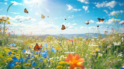 A sprawling meadow blanketed in wildflowers, vibrant under the midday sun, with butterflies flitting about and a clear blue sky overhead, capturing the essence of a perfect spring day.