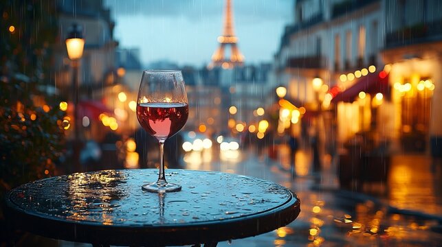 Wine glass on a wet table with Eiffel Tower in the background