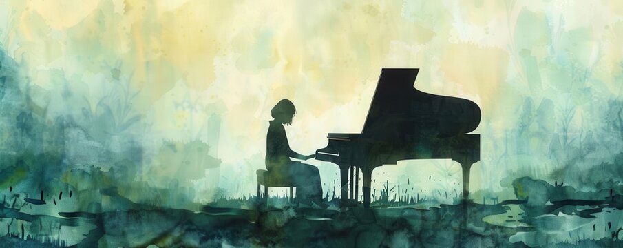 Lost voices, silent piano, somber ambiance, watercolor style