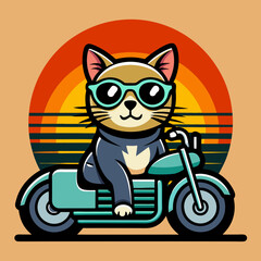 cat on a motorcycle with sunglass create a sticker with an outline realistic 