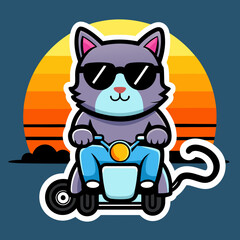 cat on a motorcycle with sunglass create a sticker with an outline realistic 