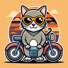 cat on a motorcycle with sunglass create a sticker with an outline realistic 