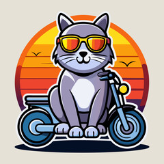 cat on a motorcycle with sunglass create a sticker with an outline realistic 